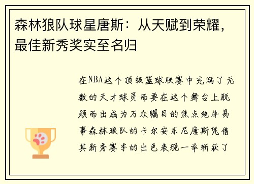 森林狼队球星唐斯：从天赋到荣耀，最佳新秀奖实至名归